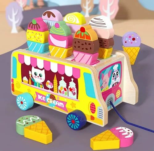 Wooden Ice Cream Cart for Kids ,Montessori & Educational, Magnetic Ice Cream Pull Along Toy