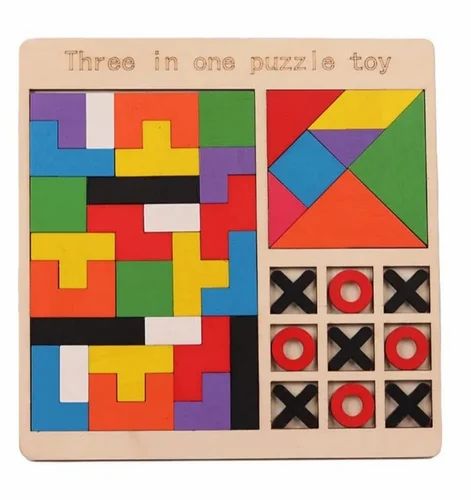 3 In 1 Wooden Puzzle Building blocks -Tic Tac Toe, Tangram, Tetris puzzle