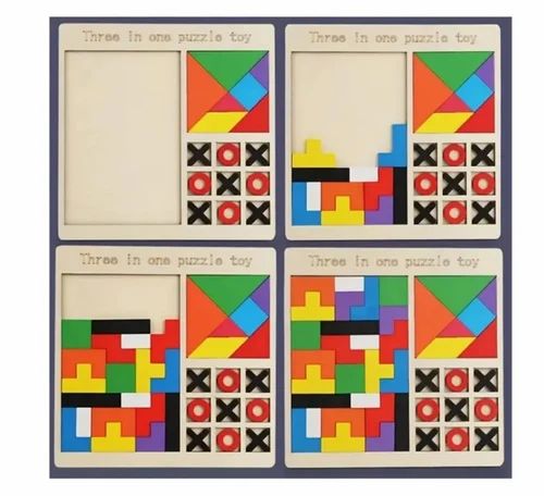 3 In 1 Wooden Puzzle Building blocks -Tic Tac Toe, Tangram, Tetris puzzle