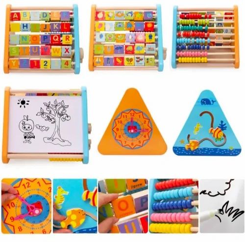 5 in 1 Wooden Activity Triangle Toy- Alphabet, Blocks, Abacus..- Montessori Learning Toy