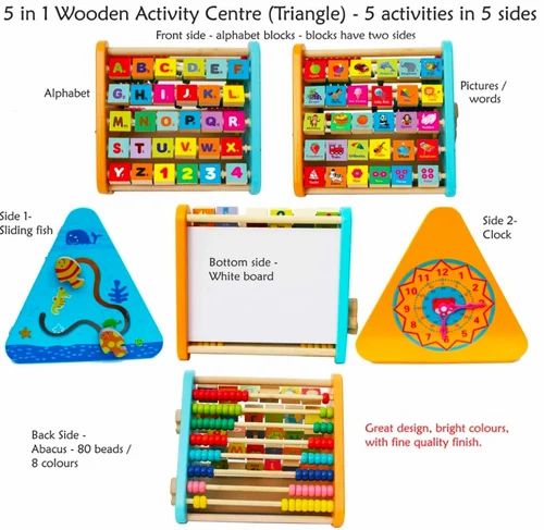 5 in 1 Wooden Activity Triangle Toy- Alphabet, Blocks, Abacus..- Montessori Learning Toy
