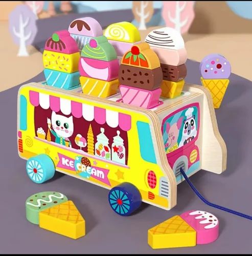 Wooden Ice Cream Cart for Kids ,Montessori & Educational, Magnetic Ice Cream Pull Along Toy